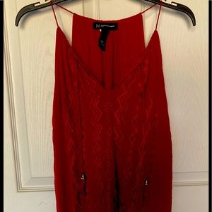 INC Spaghetti Strap Deep Red Patterned Dress Tank Top with Tassels Size PXL